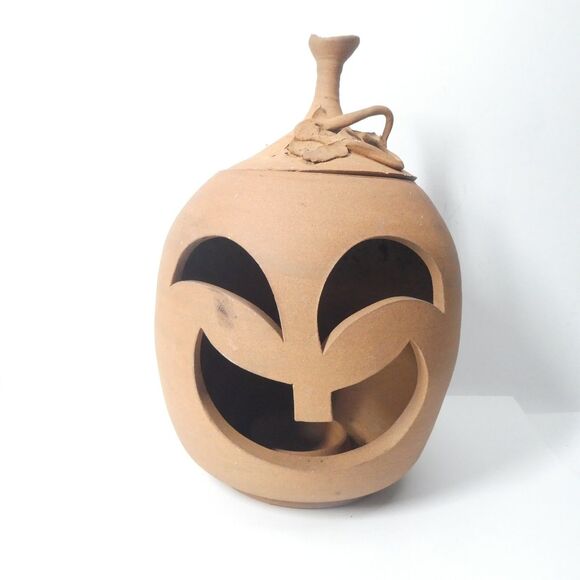 Terra Cotta Pumpkin Jack O Lantern Candle Holder Signed Clay Pottery Handmade - Picture 2 of 15
